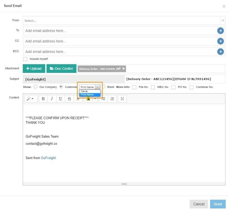 Switching between Name or Print Name on Email Subject GoFreight